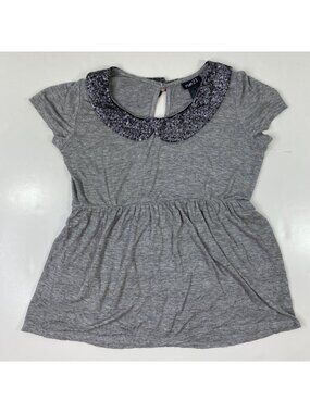 Rue 21 Womens Top Gray Solid Short Sleeve Top Sequined Peter Pan Collar Size M
